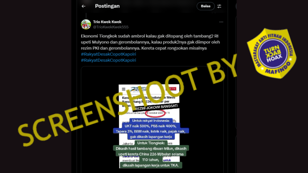 [HOAKS atau FAKTA] : Kereta Cepat dan Tambang jadi Upeti Indonesia ke China