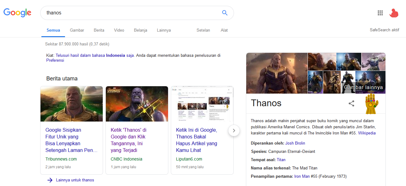 Thanos hlangkan setengah pencarian di Google (Sumber: Screenshot Google)