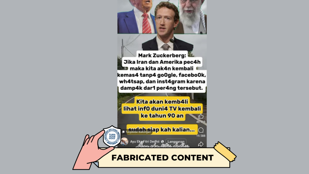 [HOAKS atau FAKTA] : Mark Zuckerberg Sebut, Jika Perang antara AS dan Iran Pecah, Dunia akan Kehilangan Media Sosial Instagram hingga Google