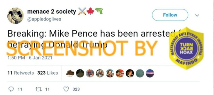 Tangkapan layar Twitter soal hoaks penangkapan Mike Pence. (Foto: MP/Turnbackhoax.id)