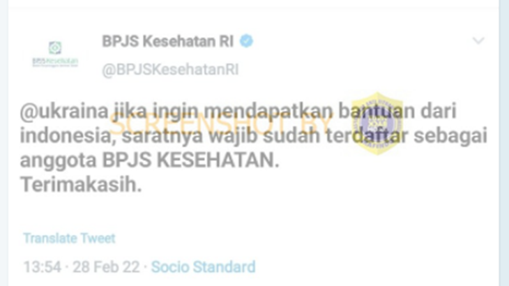 [HOAKS atau FAKTA]: Ukraina Wajib Gabung BPJS Kesehatan apabila Ingin Dibantu Indonesia