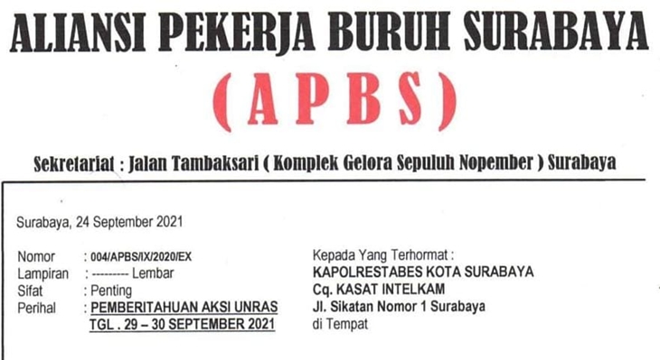 Surat pemberitahuan aksi yang akan digelar Aliansi Pekerja Buruh Surabaya besok, Rabu (29/9). (Foto: Ist)