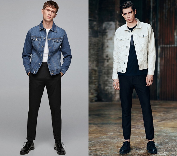 Celana bahan + jaket denim + pantofel bisa menjadi outfit favorit semi-formalmu nih (Foto: Fashionbeans) 