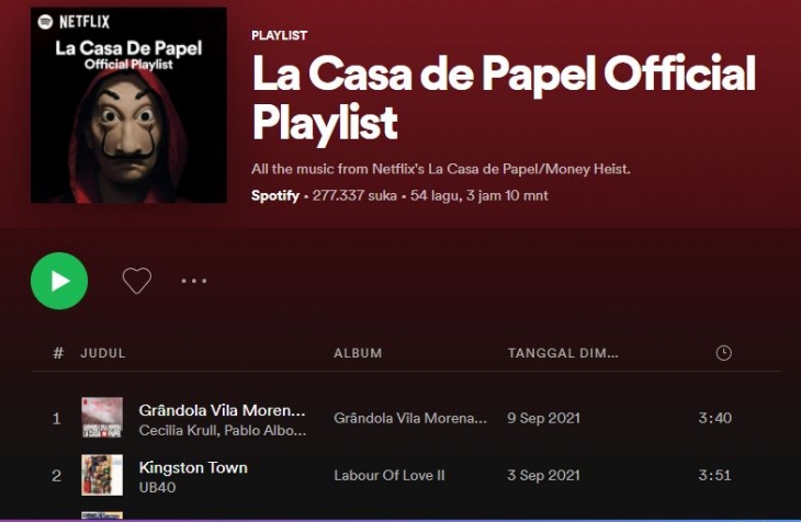 Di fitur ini, para pengguna bisa mendengarkan playlist resmi dari judul-judul serial teratas Netflix, seperti Money Heist. (Foto: Spotify)