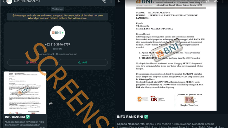 [HOAKS atau FAKTA] : Biaya Transfer Antar Bank di BNI Rp 150 Ribu Per Bulan