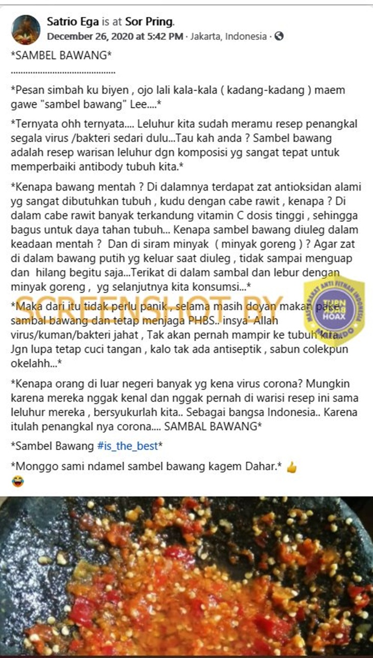 Tangkapan layar media sosial tentang sambal ampuh tangkal virus corona. (Foto: MP/Turnbackhoax.id)