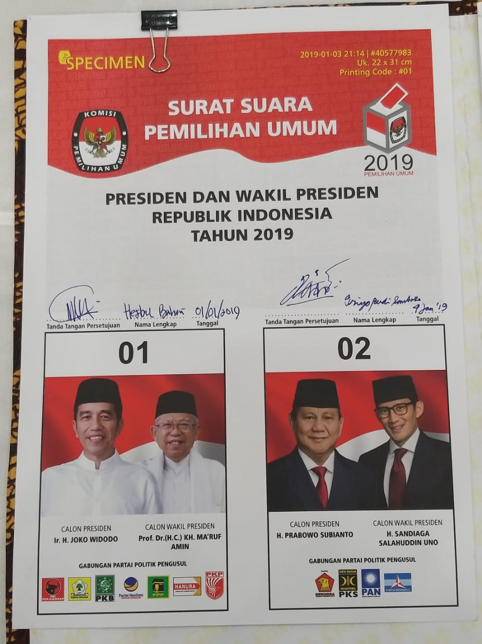 Contoh Surat Suara Pemilu 2019