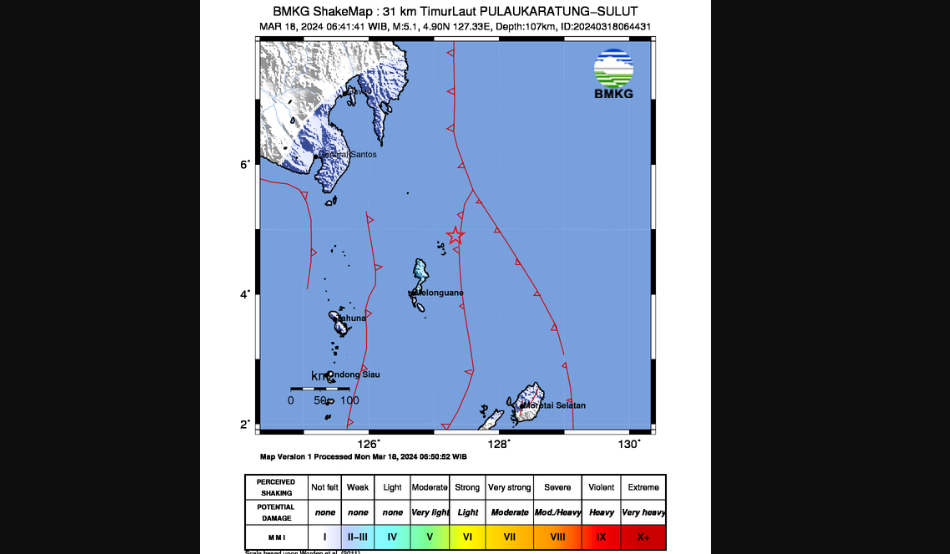 Gempa Tektonik Magnitudo 5,1 Guncang Pulau Karatung Talaud
