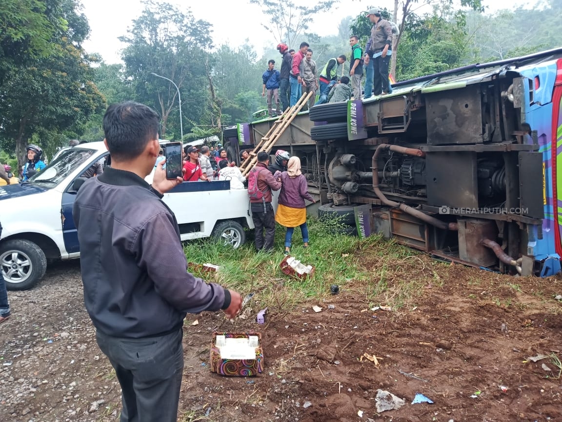 Kecelakaan tunggal bus di Subang. Foto: MP/Mauritz