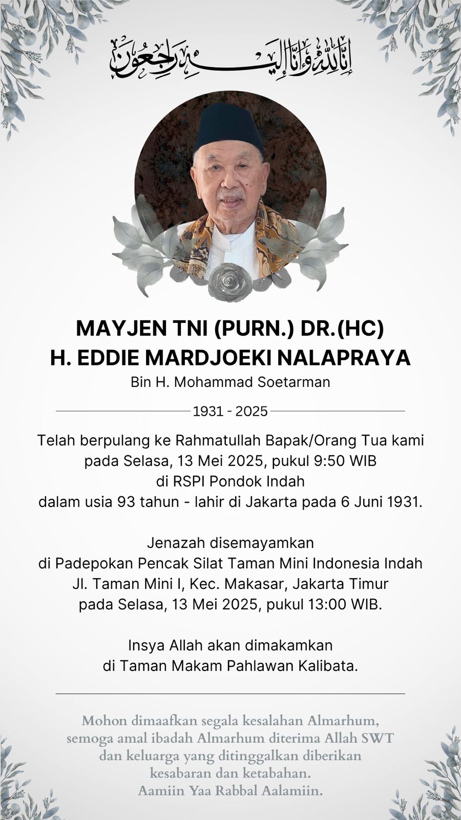 Eddie Marzuki akan disemayamkan di TMP Kalibata, Jakarta Timur