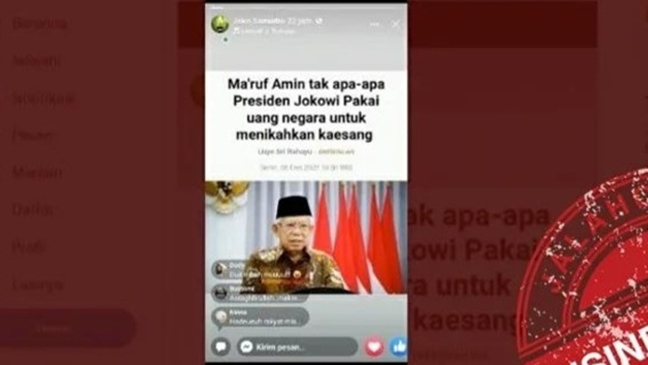[HOAKS atau FAKTA]: Wapres Izinkan Jokowi Pakai Uang Negara untuk Pernikahan Kaesang