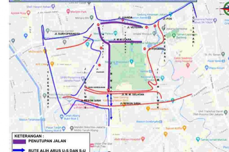 Peta pengalihan arus lalu lintas di sekitar Monumen Nasional (Monas) Jakarta Pusat terkait adanya demonstrasi di Istana Kepresidenan Jakarta, Selasa (13/10/2020). (HO/Dinas Perhubungan DKI Jakarta)