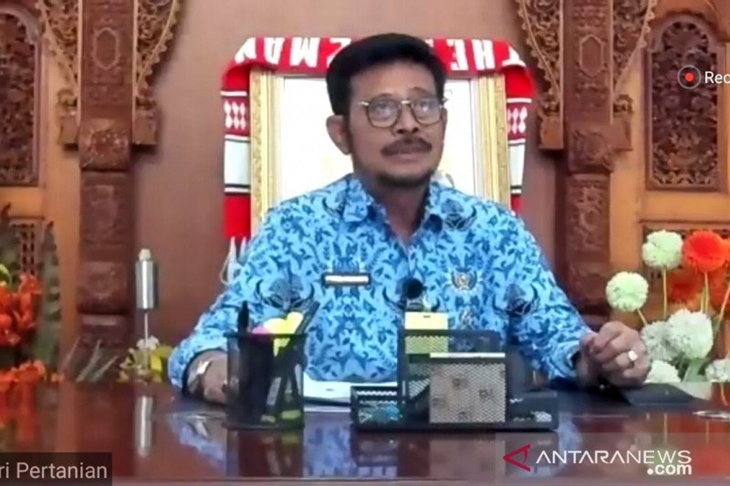 Menteri Pertanian Syahrul Yasin Limpo dalam webinar yang diselenggarakan INDEF secara virtual, Senin (30/11/2020). (Antara/Mentari Dwi Gayati)