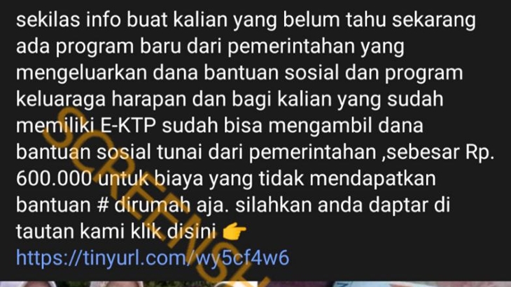 [HOAKS atau FAKTA]: Ada Bansos Rp 600 Ribu bagi Pemilik E-KTP Belum Dapat Bantuan #dirumahaja