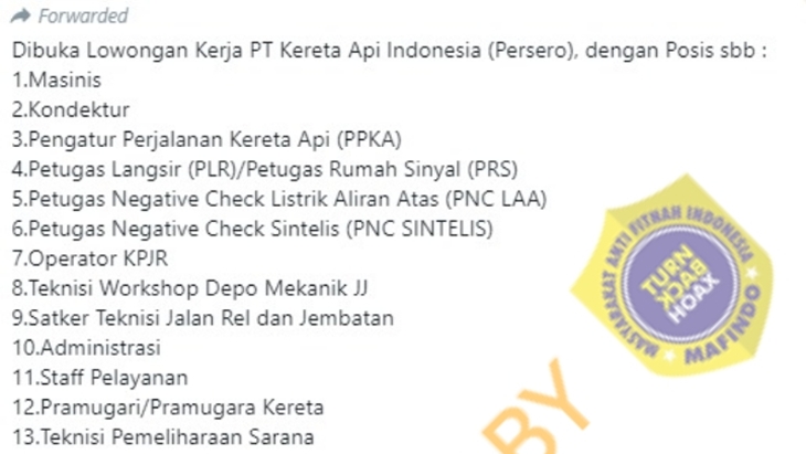 [HOAKS atau FAKTA]: KAI Buka Lowongan untuk Berbagai Posisi