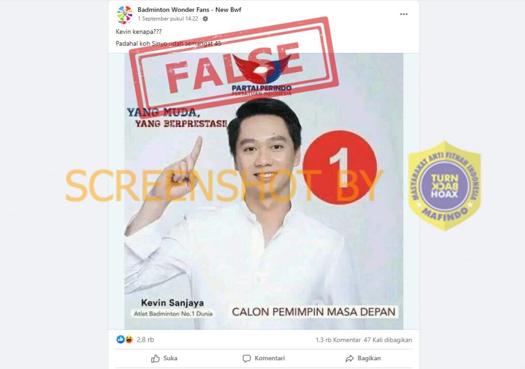 [HOAKS atau FAKTA]: Pebulu Tangkis Kevin Sanjaya Calon Pemimpin Partai Perindo