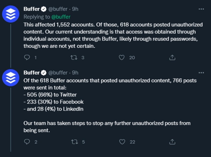 Selain JD.ID, menurut Buffer pembajakan itu mempengaruhi 1.552 akun lain dengan konten serupa. (Foto: Twitter/@buffer)