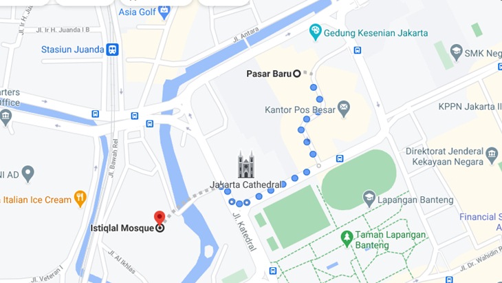 Ilustrasi jalur dari Pasar Baru ke Istiqlal. (Foto: MP/Google Maps)