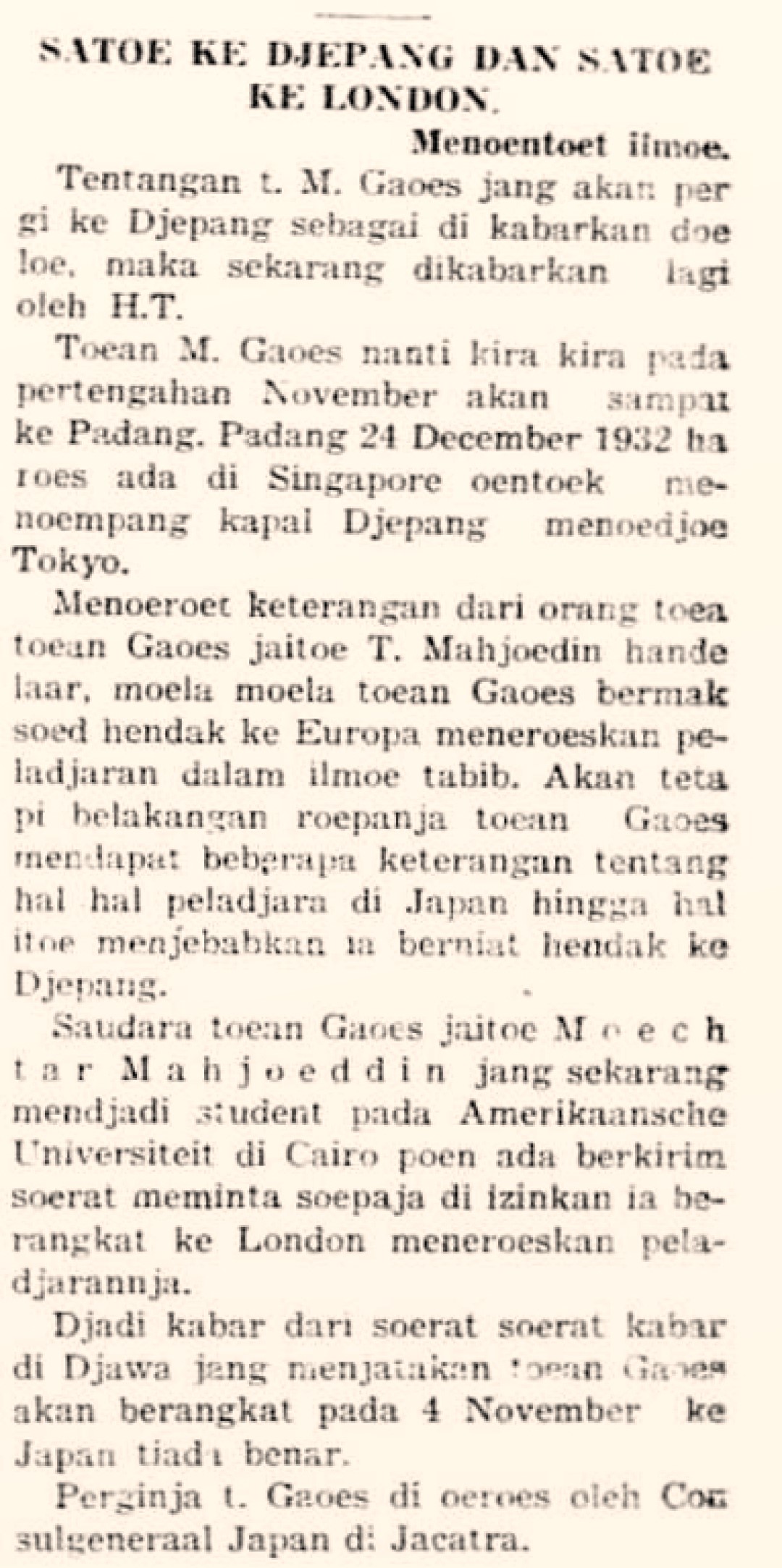 Gaus Mahjuddin perintis Pelajar Indonesia di Jepang pada 1930-an