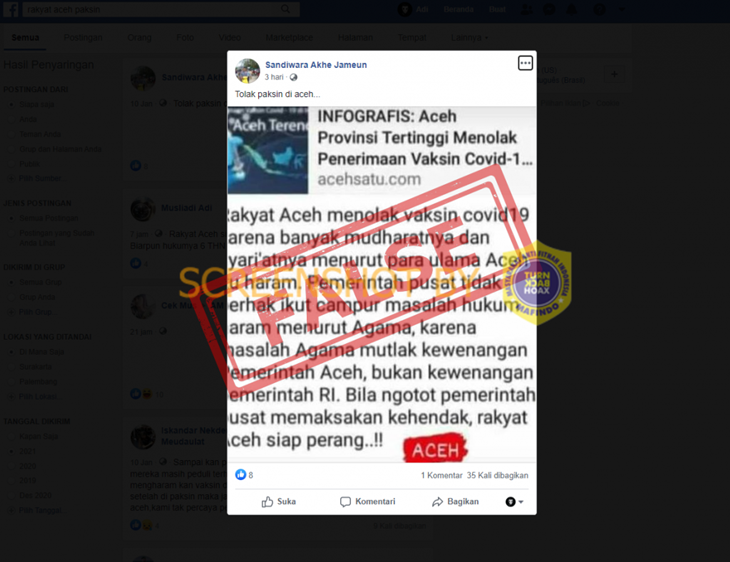 Tangkapan layar Facebook soal hoaks rakyat Aceh tolak vaksin COVID-19. (Foto: MP/Turnbackhoax.id)