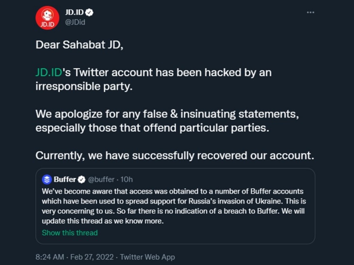 Unggahan tersebut telah dihapus, lalu JD.ID menggeluarkan pernyataan kalau akunnya telah dibajak. (Foto: Twitter/@JDid)