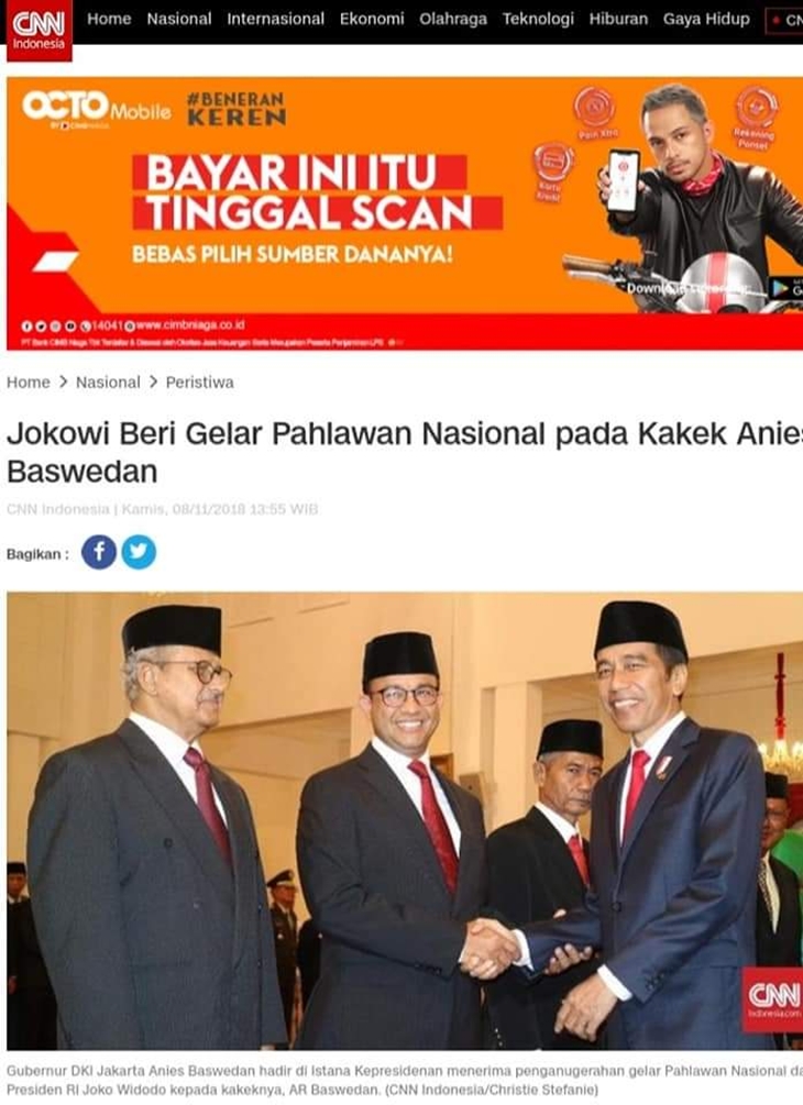 Tangkapan layar CNN Indonesia terkait pengangkatan kakek Anies Baswedan sebagai pahlawan nasional. (Foto: MP/Turnbackhoax.id)
