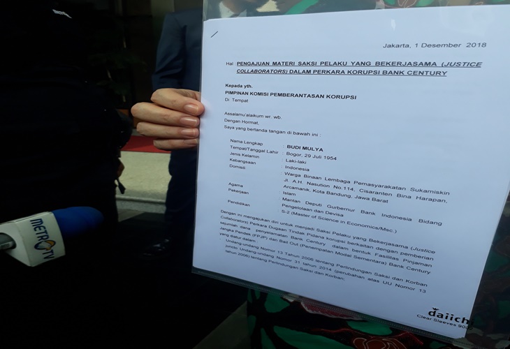 Surat pengajuan diri sebagai Justice Collaborator dari Budi Mulya