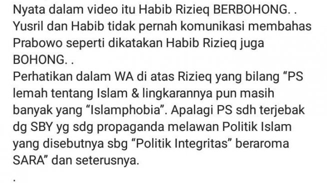 Klaim bukti percakapan Yusril dengan Habib Rizieq via Whatsapp. (@yusrilihzamhd)