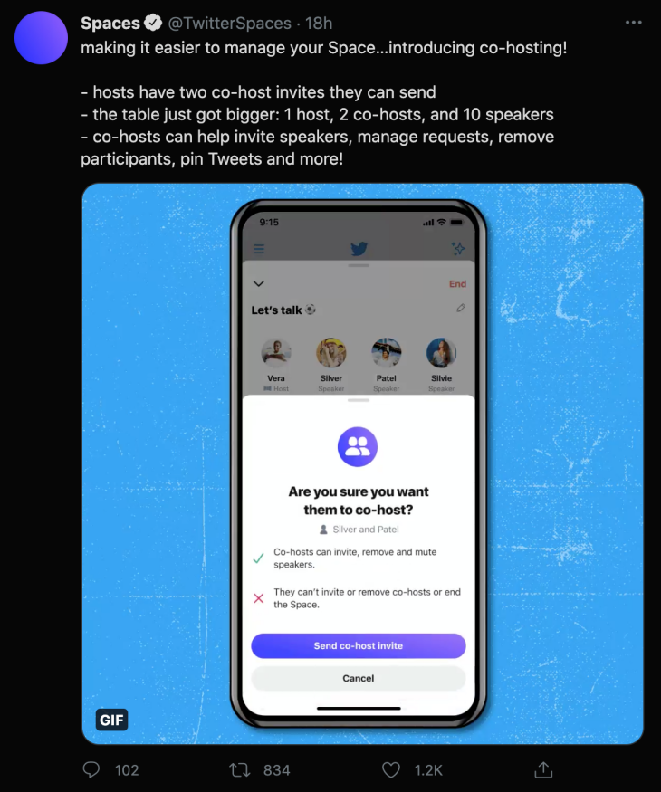 Twitter mengumumkannya melalui cicitan di akun Spacesnya. (Foto: Twitter/TwitterSpaces)