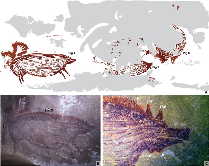 Gambar lukisan babi kutil di babi kutil di Leang Tedongnge dalam penelitian. (Foto: advances.sciencemag.org)