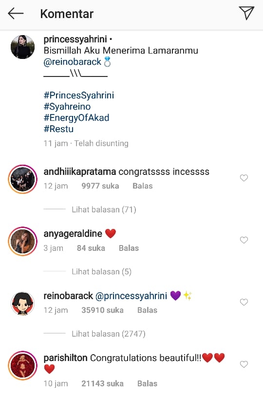 Komentar selebritis untuk pernikahan Syahrini (Sumber: Instagram/princesssyahrini)