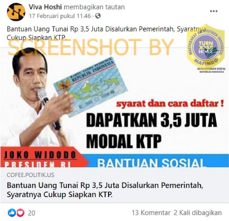 Tangkapan layar soal hoak seluruh pemilik e-KTP bakal diberi bantuan Rp 3,5 juta. (Foto: MP/Turnbackhoax.id)