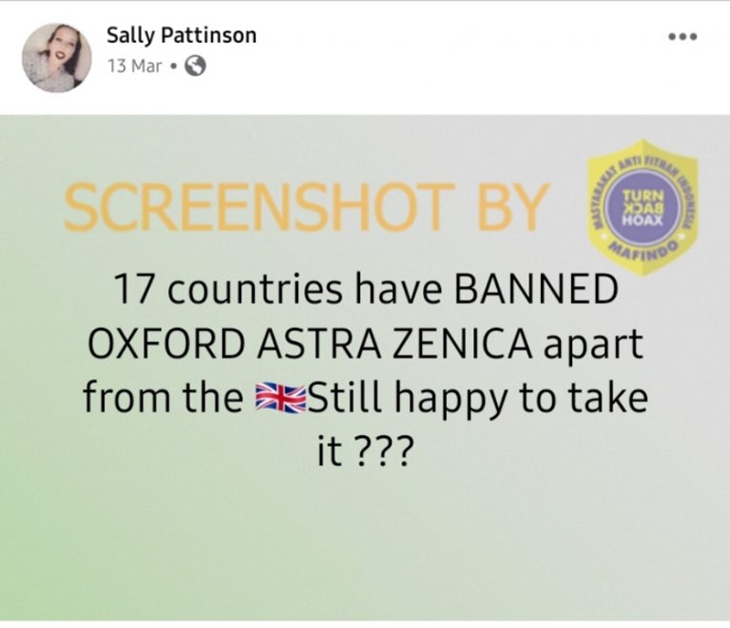 Tangkapan layar media sosial soal hoaks penolakan AstraZeneca. (Foto: MP/Turnbackhoax.id)