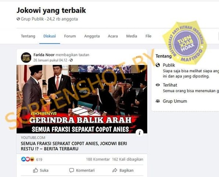 Tangkapan layar soal hoaks semua fraksi DPRD DKI sepakat copot Anies Baswedan dari jabatan gubernur. (Foto: MP/Turnbackhoax.id)