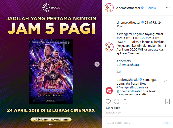 Cinemaxx akan putar film Avengers: Endgame selama 24 jam (Sumber: Istagram/cinemaxxtheater)