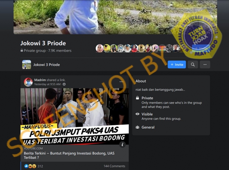 Tangkapan layar soal hoaks UAS ditanggap polisi terkait investasi bodong. (Foto: MP/Turnbackhoax.id)