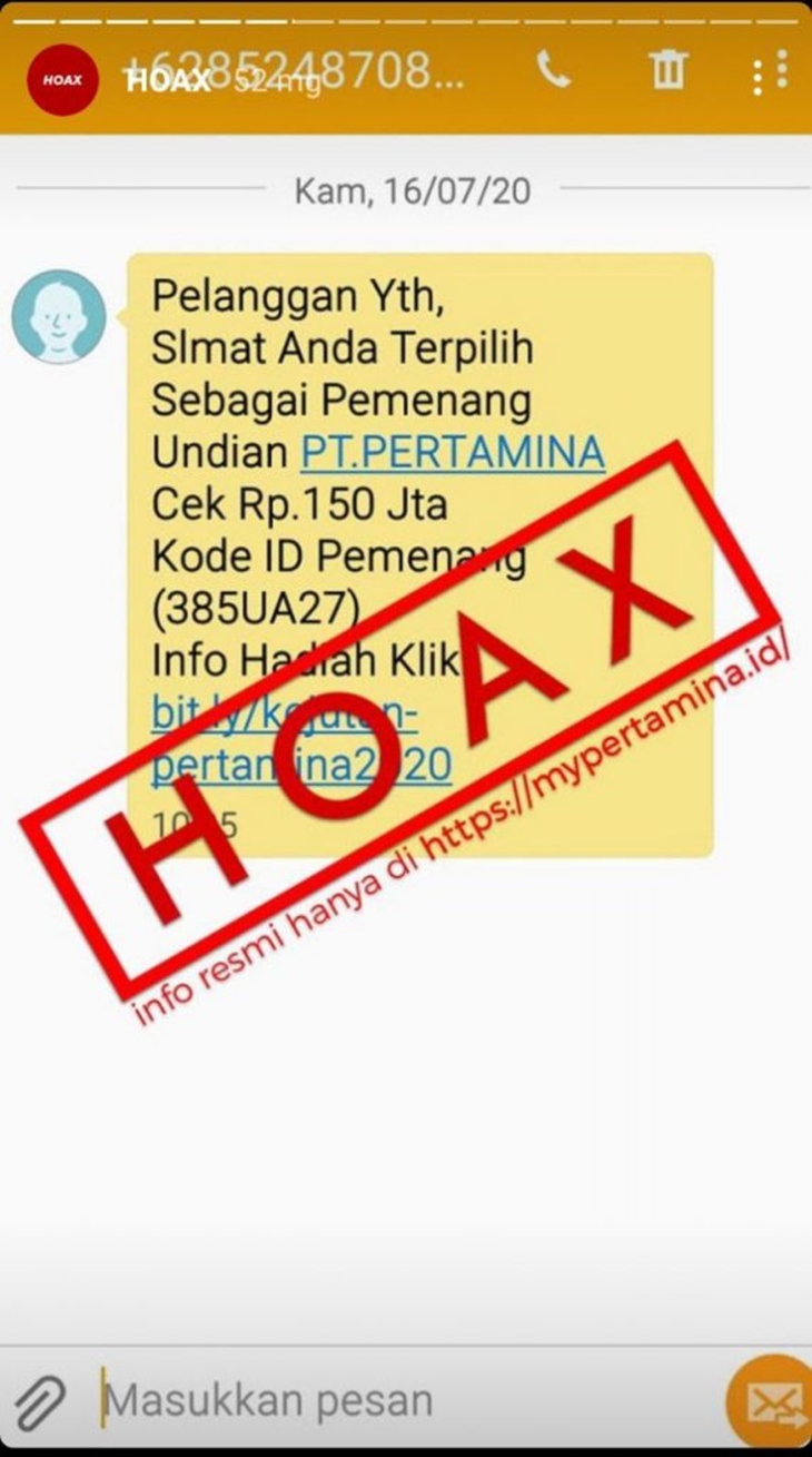 Tangkapan layar soal hoaks Pertamina bagi-bagi hadiah. (Foto: MP/Turnbackhoax.id)