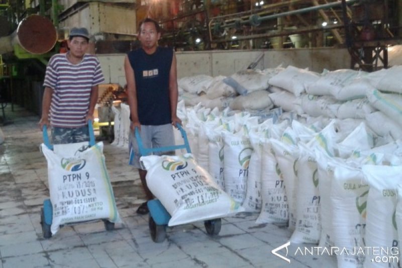 Dua pekerja Pabrik Gula Rendeng Kudus, Jawa Tengah, tengah mengangkut gula yang selesai dikemas untuk ditata pada tempat yang disediakan, Sabtu (10/6). . (Foto: ANTARAJATENG.COM/Akhmad Nazaruddin Lathif)