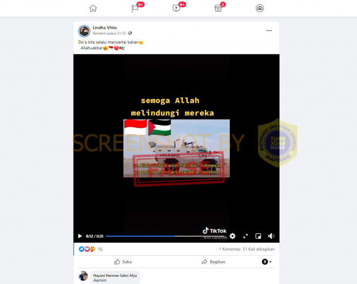 Tangkapan layar media sosial soal hoaks TNI berperang ke Palestina. (Foto: MP/Turnbackhoax.id)