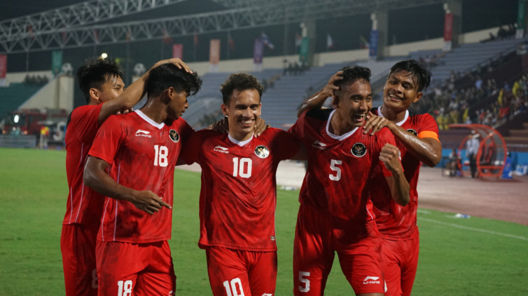 Pemain Timnas Indonesia U-23 merayakan gol ke gawang Timor Leste U-23. (PSSI)