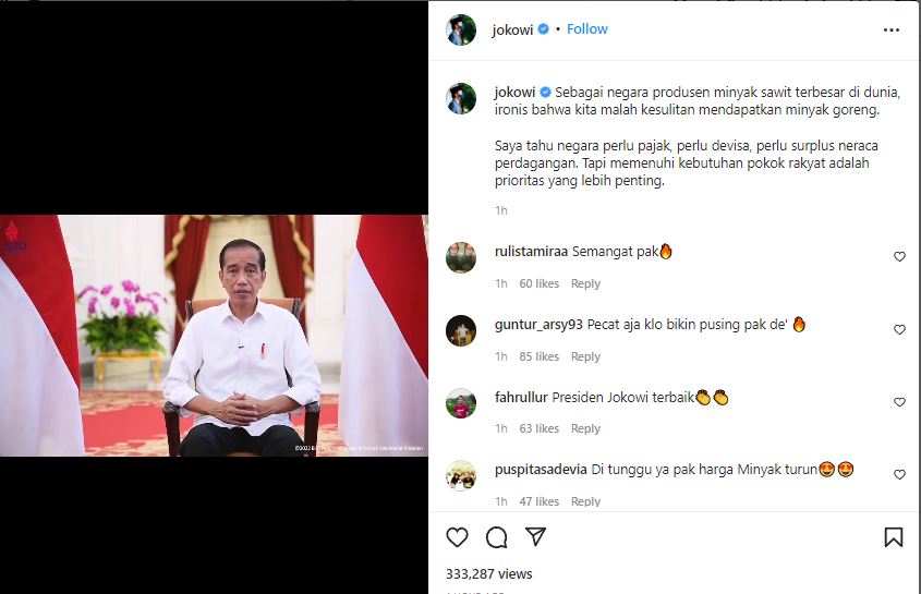 Presiden Jokowi menegaskan kembali soal larangan ekspor bahan baku minyak goreng dan turunannya. (Foto: tangkapan layar)