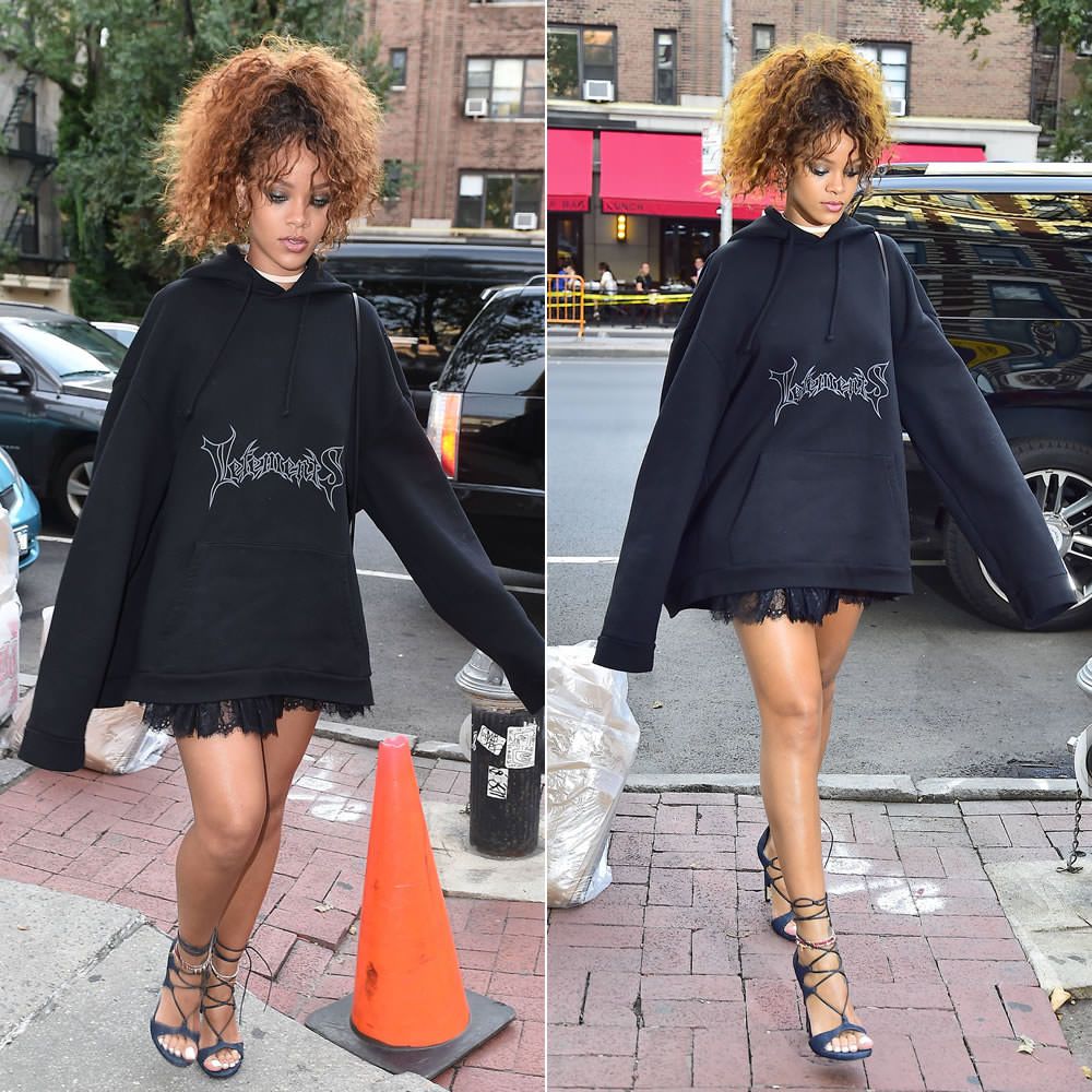 Rihanna menggunakan oversized hoodie dan high heels. (Foto Pinterest)