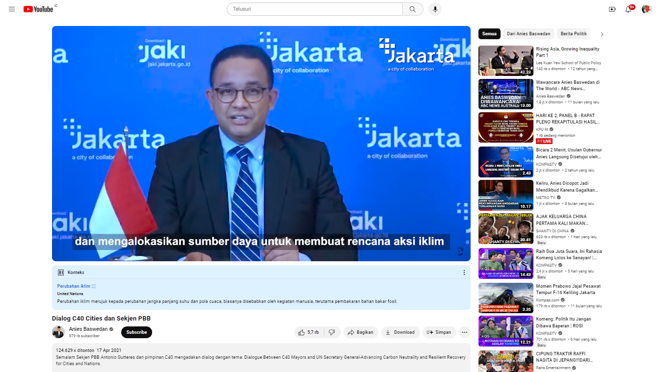 Video YouTube Anies Baswedan dengan judul Dialog C40 Cities dan Sekjen PBB