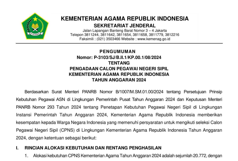 Pendaftaran CPNS Kemenag 2024 Dibuka: Cek Informasi Pentingnya di Sini