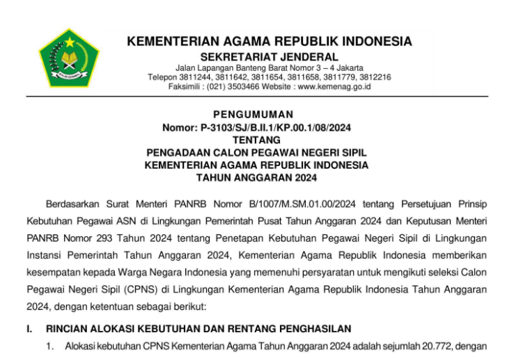 Pendaftaran CPNS Kemenag 2024 Dibuka: Cek Informasi Pentingnya di Sini