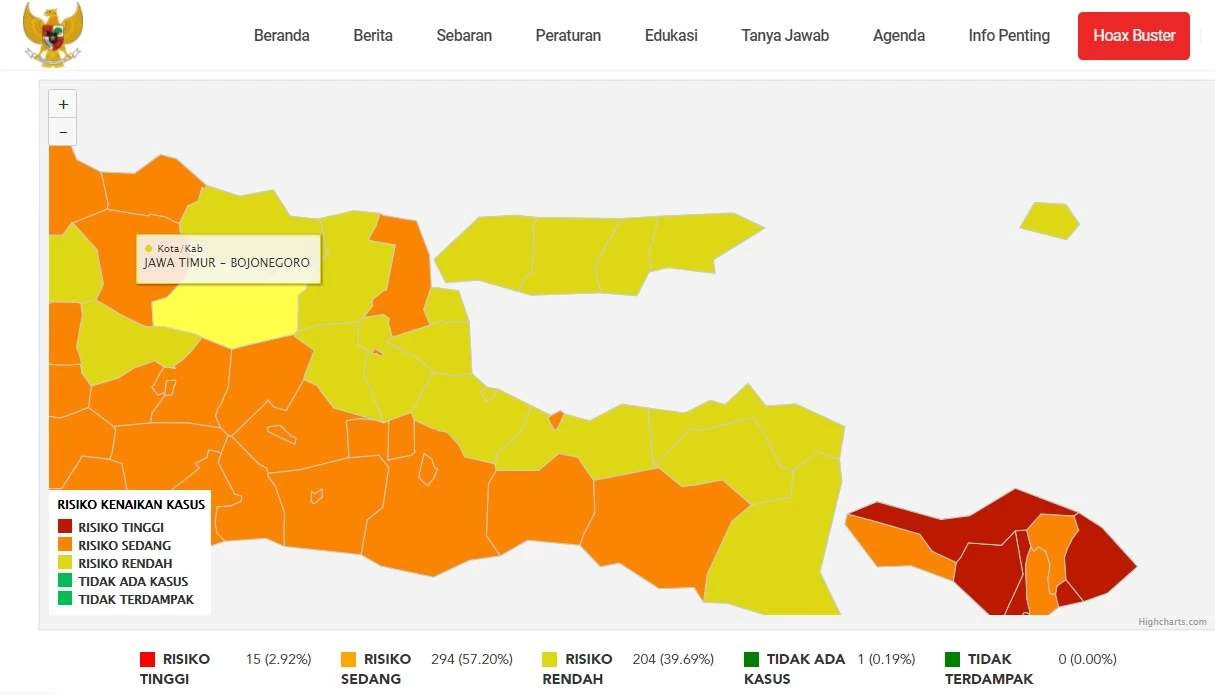Tangkapan layar peta risiko Covid-19 Jatim versi update Satgas Percepatan Penanganan Covid-19 Nasional. Ist