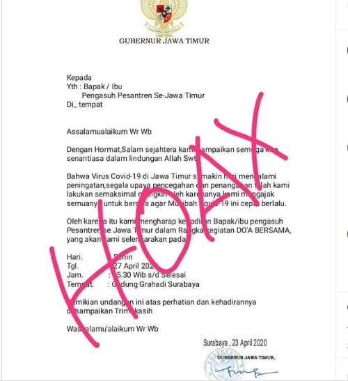 Surat undangan doa bersama dari Gubernur Jawa Timur untuk ulama dan santri