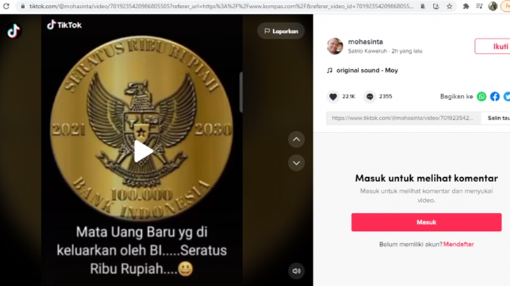 [HOAKS atau FAKTA]: Uang Koin Baru Pecahan Rp 100 Ribu Terbitan Tahun 2021
