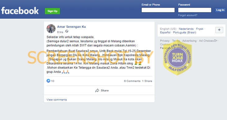 Tangkapan layar Facebook soal karantina bagi pendatang ke Kota Malang. (Foto: MP/turnbackhoax.id)