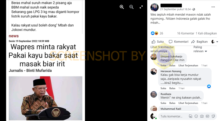 [HOAKS atau FAKTA]: Wapres Minta Rakyat Masak Pakai Kayu Bakar biar Irit